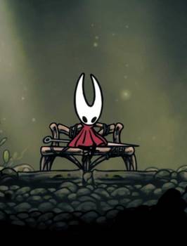 Hornet sat on a bench in a foresty area in Hollow Knight_ Silksong.